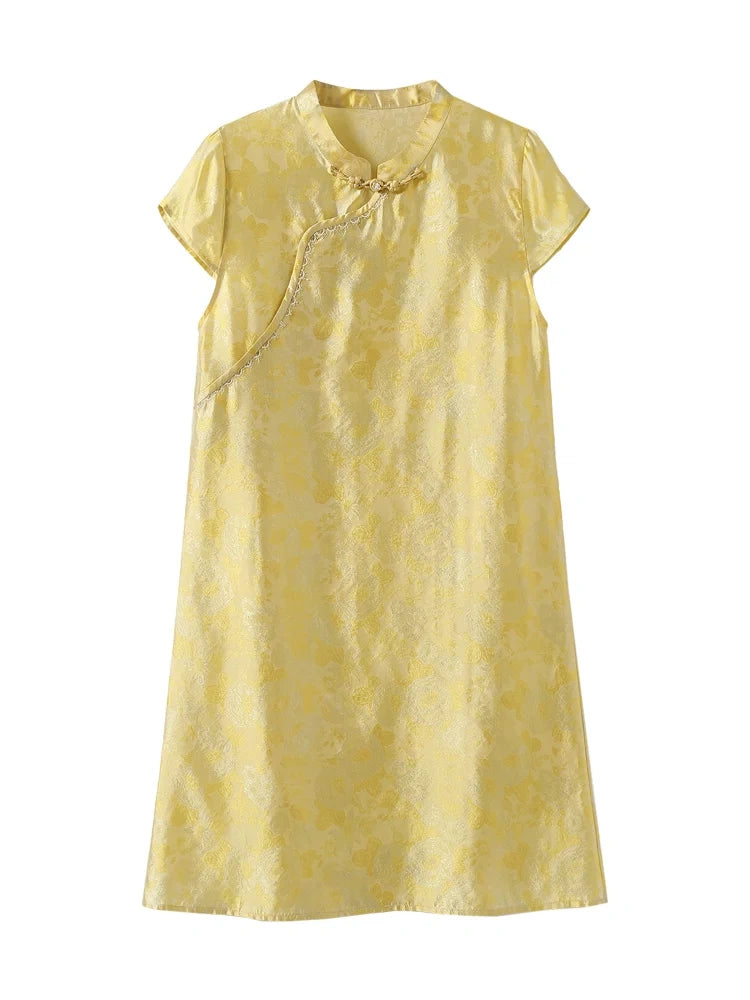 Gambiered Silk champagne-gold mulberry silk dress with tonal floral jacquard and a Mandarin collar.