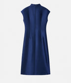 Back view of the navy silk-wool qipao dress with a stand collar, shaping seams and concealed zipper