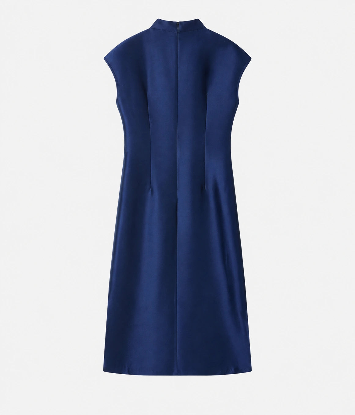Back view of the navy silk-wool qipao dress with a stand collar, shaping seams and concealed zipper