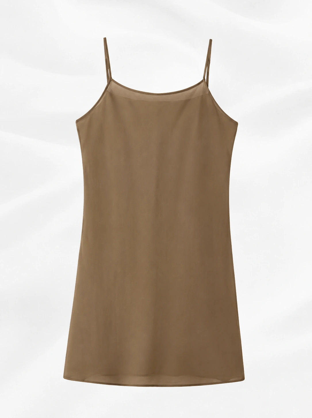 Front product view of the bronze-brown spaghetti-strap slip included with the two-piece qipao set