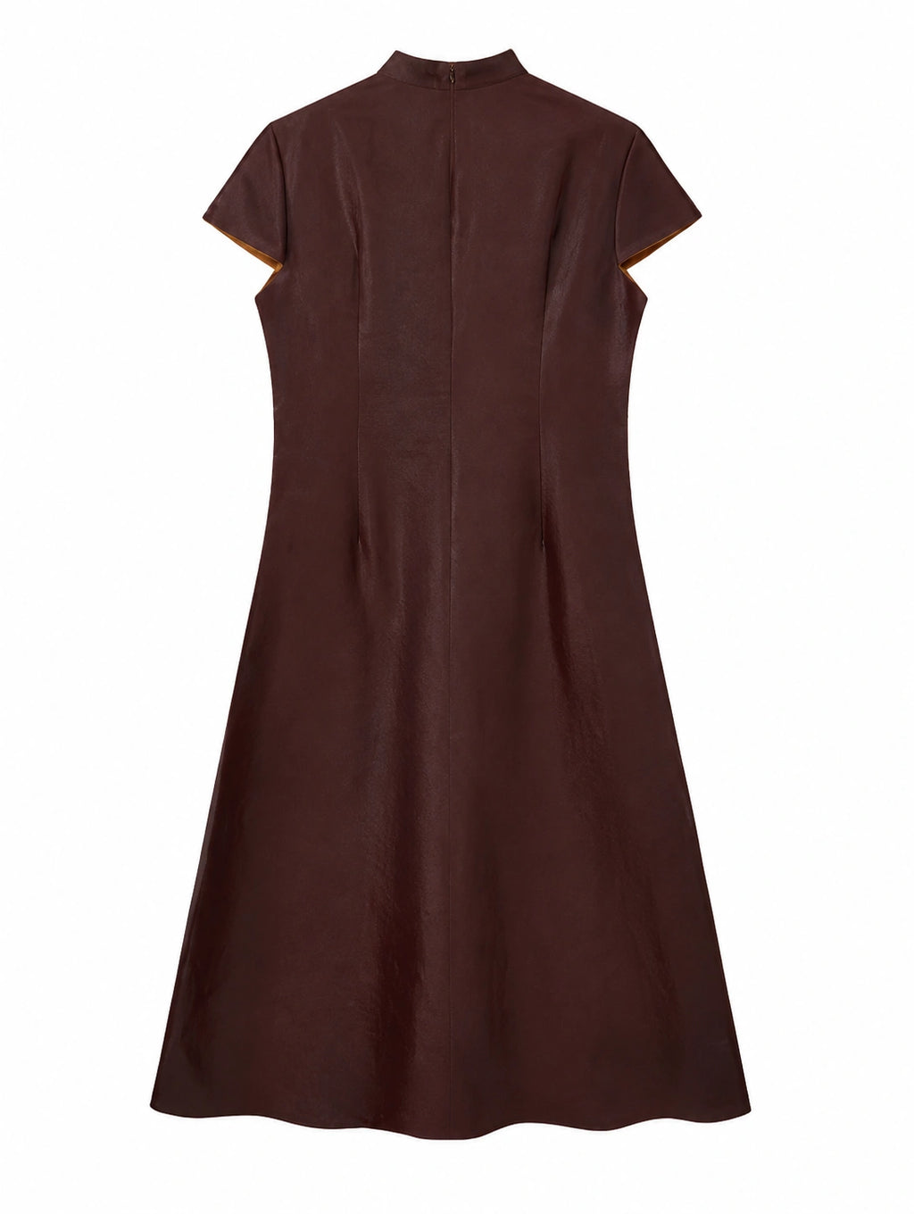 Back product view of the oxblood-red Xiangyunsha A-line qipao with a stand collar and concealed zipper