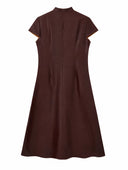 Back product view of the oxblood-red Xiangyunsha A-line qipao with a stand collar and concealed zipper