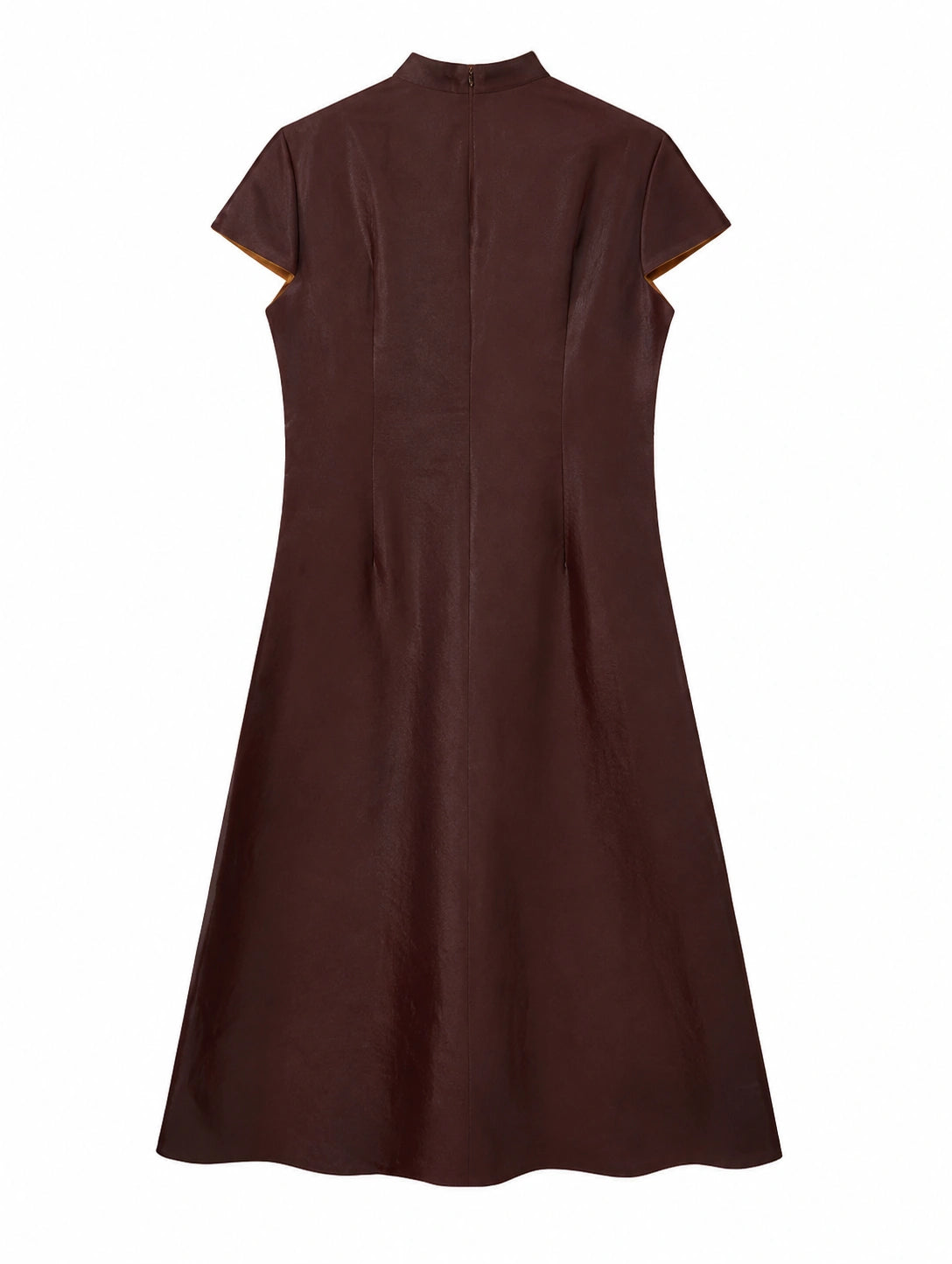 Back product view of the oxblood-red Xiangyunsha A-line qipao with a stand collar and concealed zipper