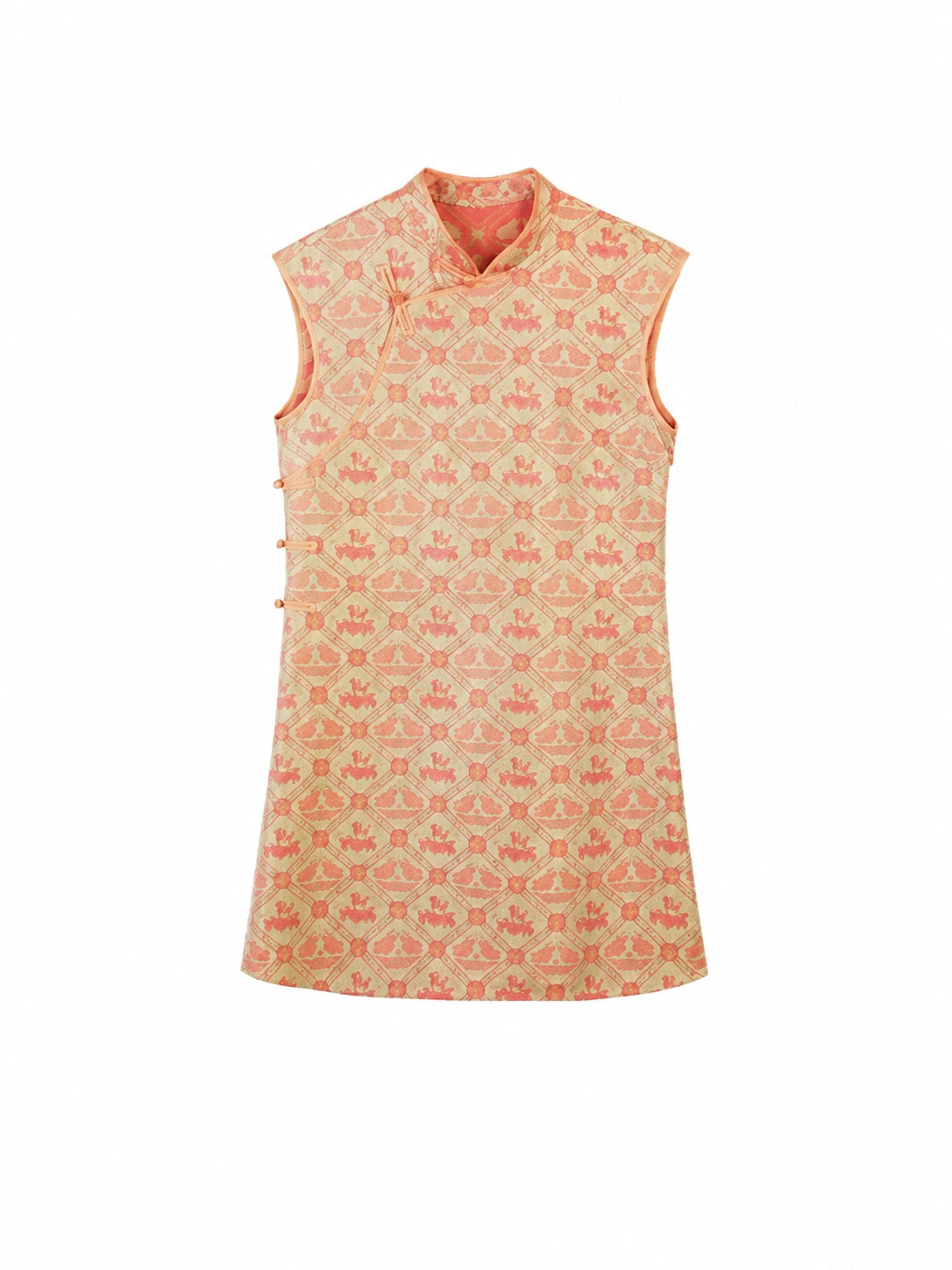 Front product view of a champagne-gold and coral Shu brocade A-line dress with frog closures.