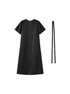 Back product view of the black 40-momme Xiangyunsha silk dress with its detachable waist tie