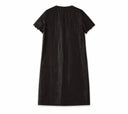 Back view of the dark aubergine 24-momme Xiangyunsha silk H-line dress with short scalloped sleeves