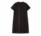 Back view of the dark aubergine 24-momme Xiangyunsha silk H-line dress with short scalloped sleeves