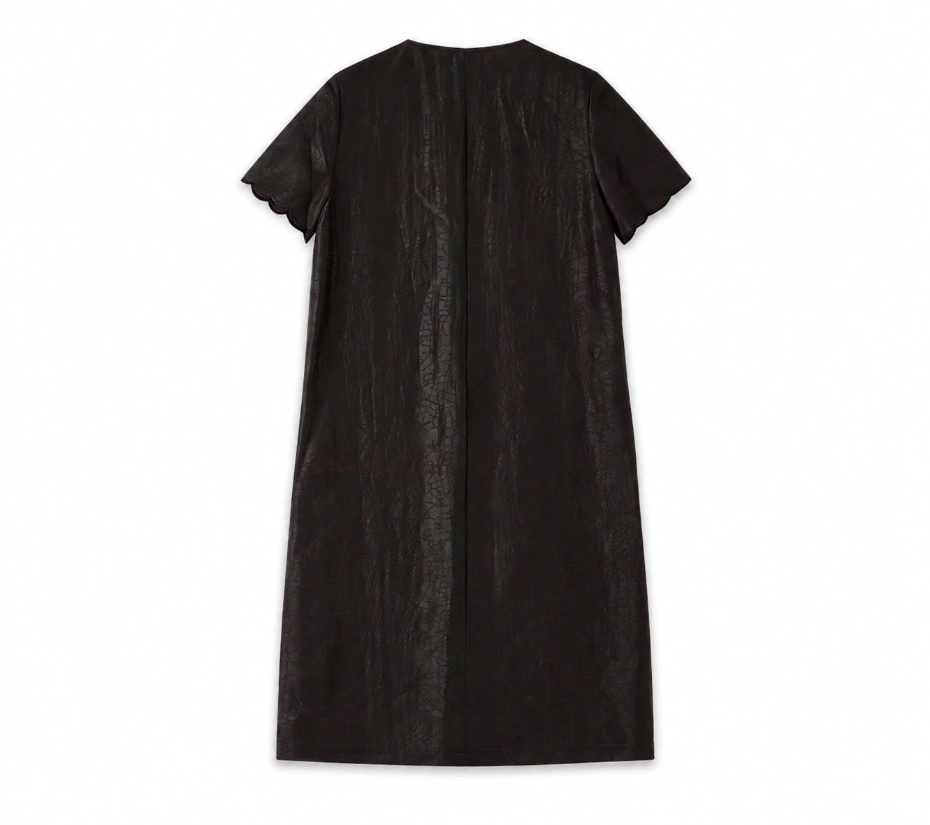 Back view of the dark aubergine 24-momme Xiangyunsha silk H-line dress with short scalloped sleeves