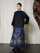 Full-length styling of the Embroidered Mandarin Collar Viscose Blouse paired with a navy embroidered pleated skirt.