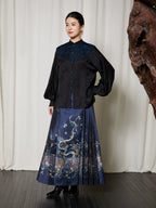 Full-length styling of the Embroidered Mandarin Collar Viscose Blouse paired with a navy embroidered pleated skirt.
