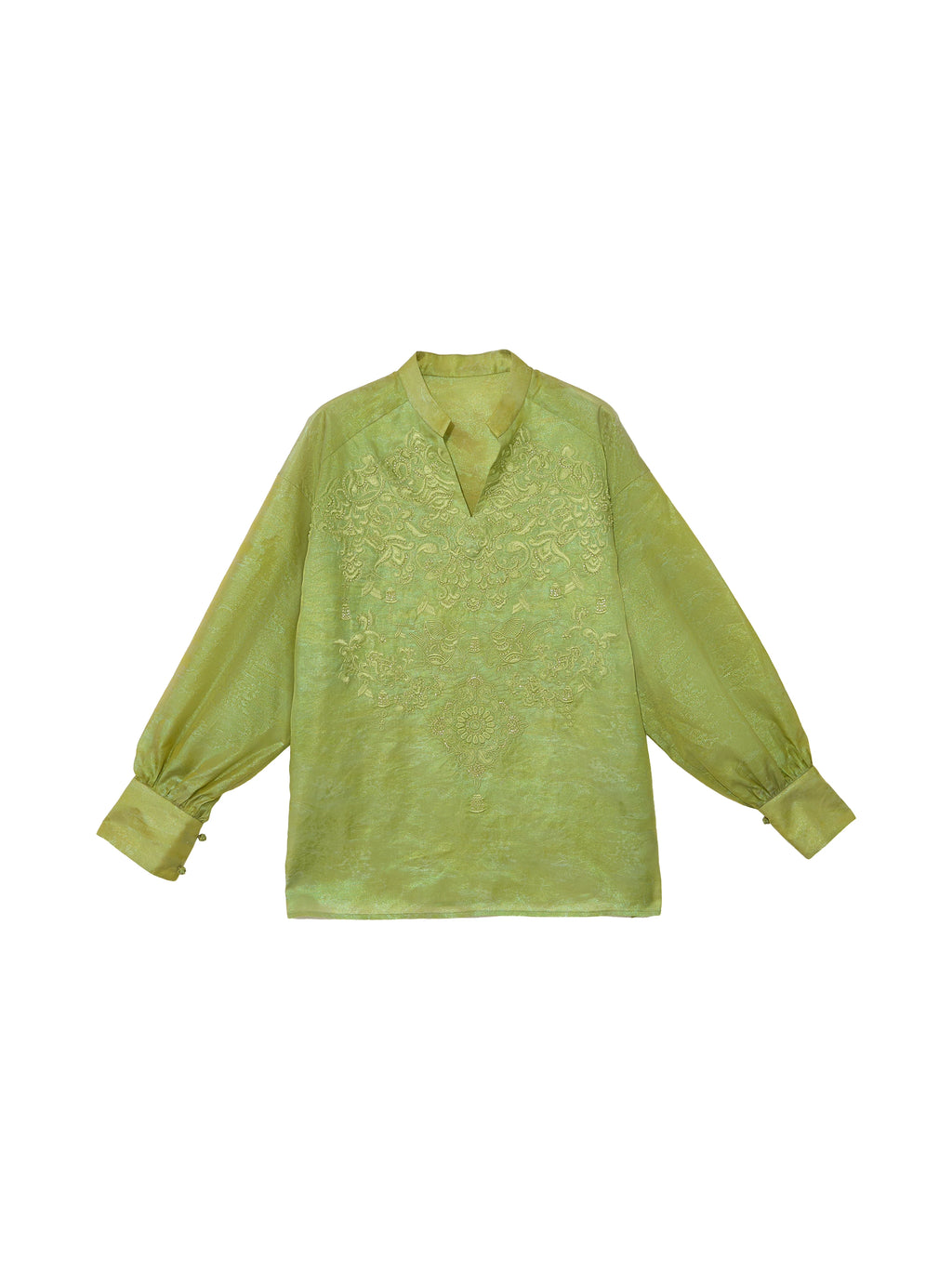 Front flat lay of a celadon green embroidered mulberry silk blouse with long sleeves and a Mandarin collar.