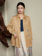 Three-quarter view of the Embroidered Viscose Shirt highlighting the embroidered detail and fluid drape.