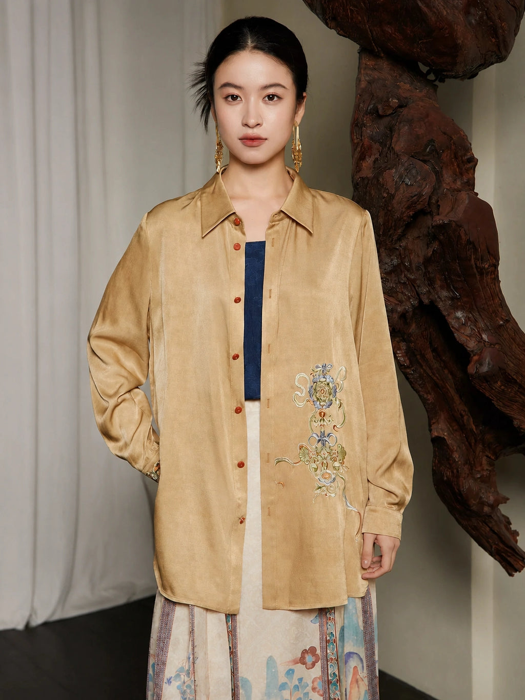 Front view of the Embroidered Viscose Shirt with traditional Chinese-inspired embroidery by Gambiered Silk.