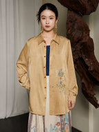 Front view of the Embroidered Viscose Shirt with traditional Chinese-inspired embroidery by Gambiered Silk.
