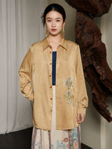Front view of the Embroidered Viscose Shirt with traditional Chinese-inspired embroidery by Gambiered Silk.