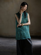 Women's emerald Gambiered Silk jacquard sleeveless tunic made from 100% mulberry silk.