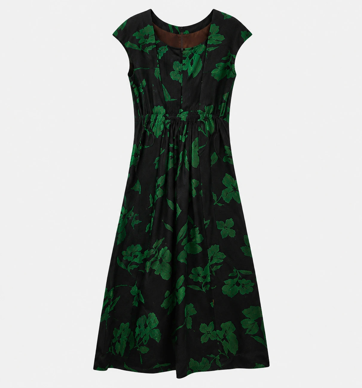 Back view of the black floral silk dress showing its gathered waist and concealed zipper.