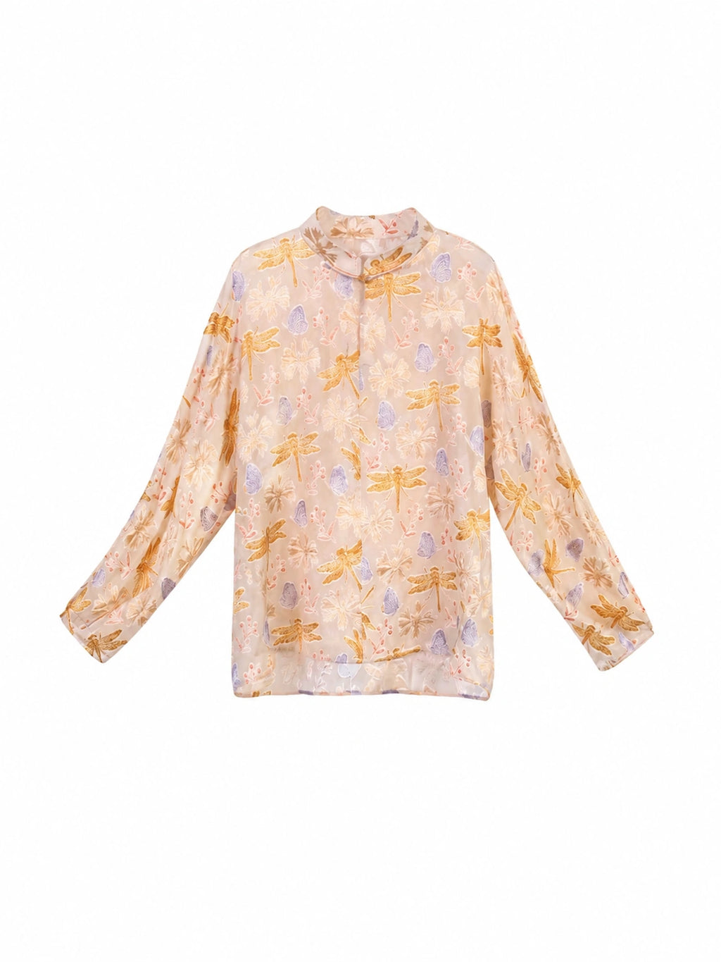 Front view of a floral long-sleeve blouse with a mandarin collar and relaxed silhouette