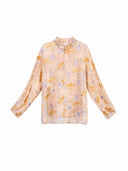 Front view of a floral long-sleeve blouse with a mandarin collar and relaxed silhouette