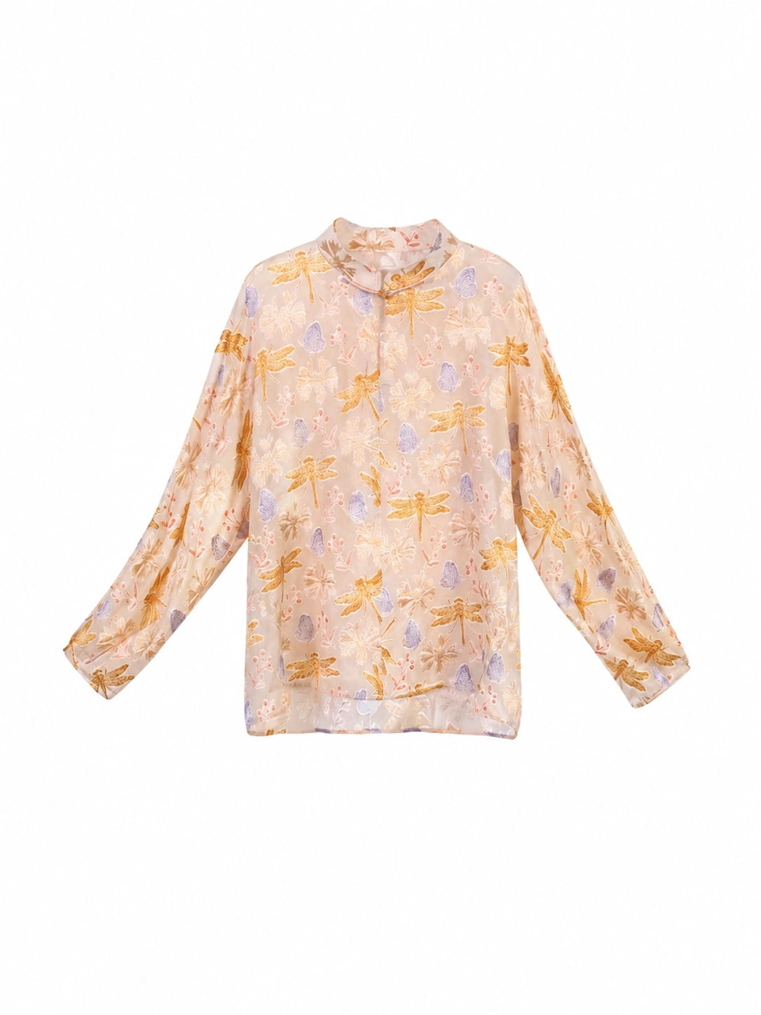 Front view of a floral long-sleeve blouse with a mandarin collar and relaxed silhouette