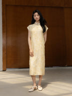 Full-length floral textured midi dress featuring a Mandarin collar and elegant straight fit