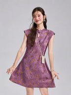 Model displaying the gently flared silhouette of an orchid-purple floral silk dress.