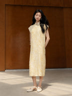 Women's floral textured Mandarin collar midi dress with relaxed straight silhouette by Gambiered Silk