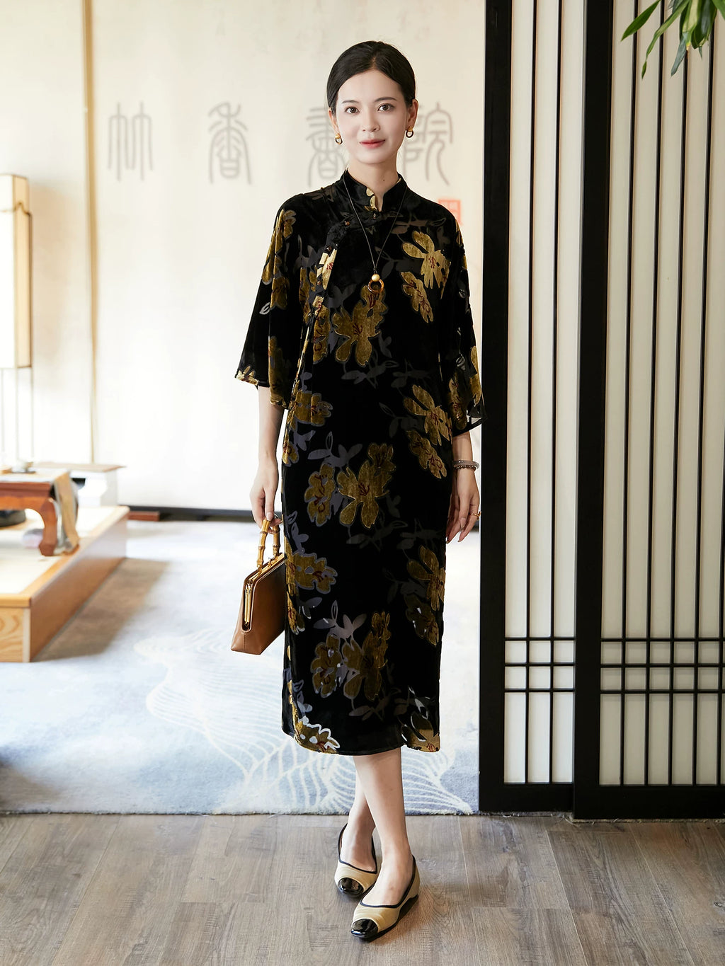 Women's floral velvet Mandarin collar midi dress with elegant straight silhouette by Gambiered Silk