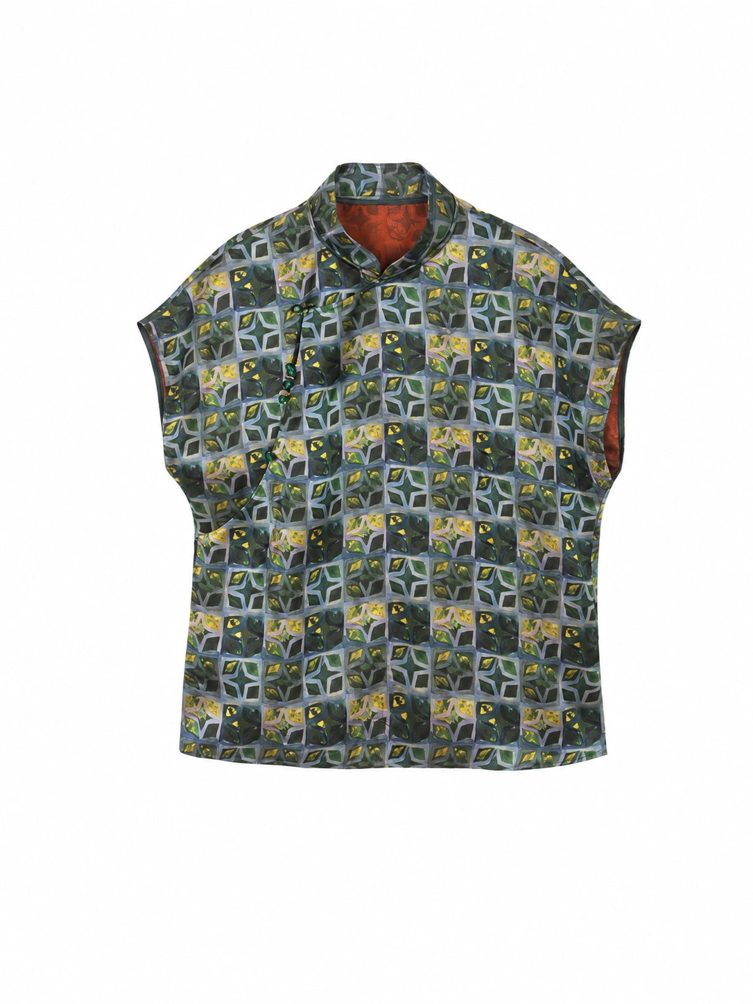 Gambiered Silk Geometric Chinese-Inspired Mulberry Silk Top