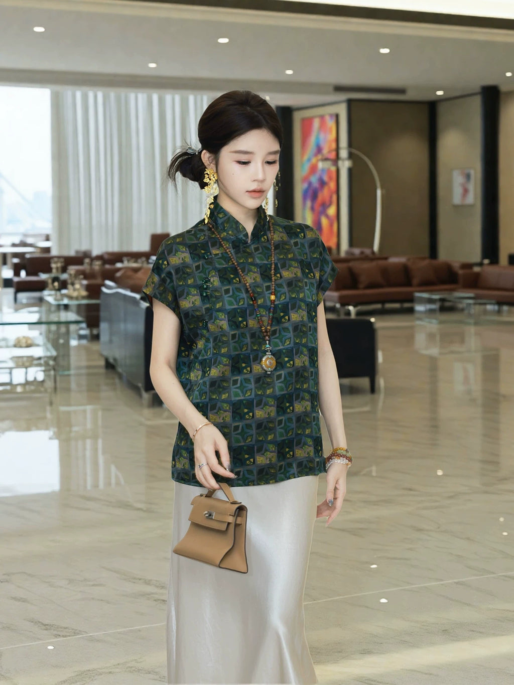 Gambiered Silk Geometric Chinese-Inspired Mulberry Silk Top