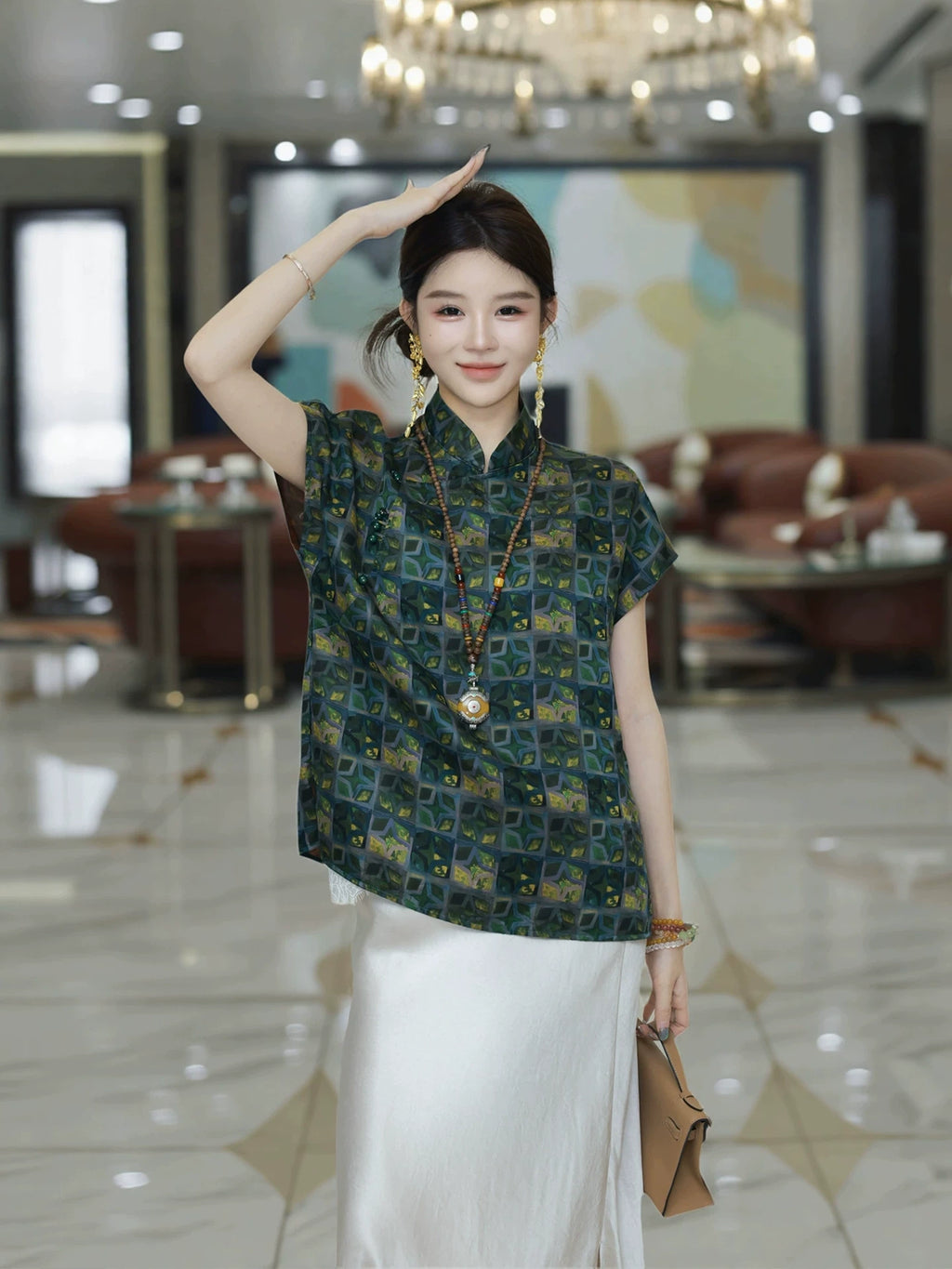 Gambiered Silk Geometric Chinese-Inspired Mulberry Silk Top