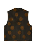 Back product view of the dark silk-blend vest with evenly arranged antique-gold botanical medallions.
