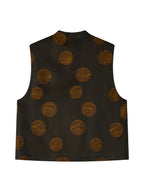 Back product view of the dark silk-blend vest with evenly arranged antique-gold botanical medallions.