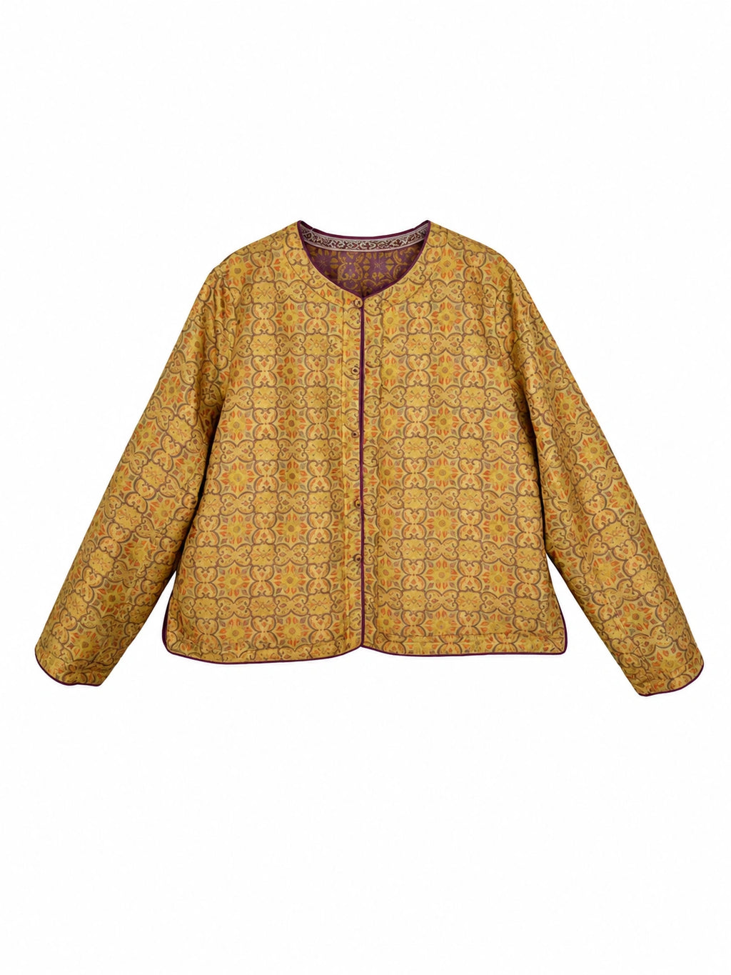 Front view of a gold patterned mulberry silk jacket with long straight sleeves
