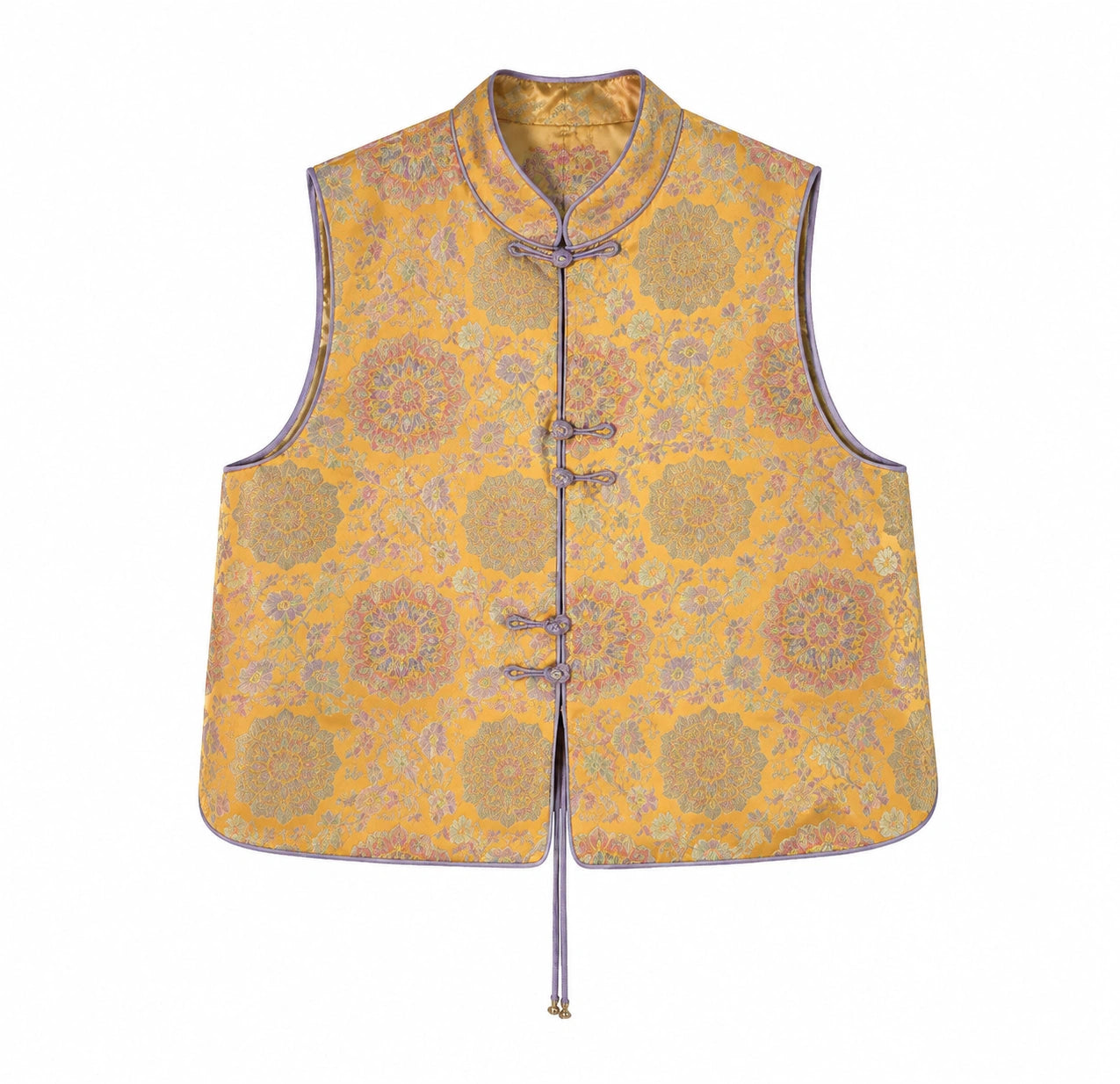 Front product view of the golden brocade Mandarin collar vest with floral medallion motifs and traditional frog closures.