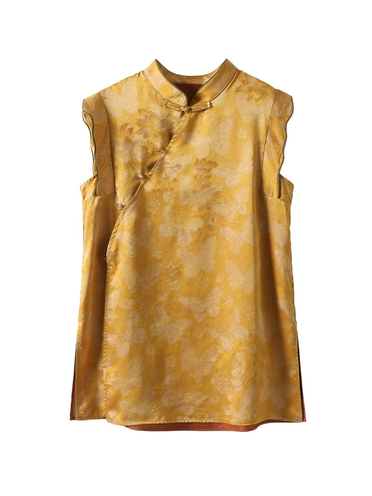 Gambiered Silk golden mulberry silk longline top with butterfly motifs, a Mandarin collar and decorative button closures