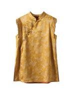 Gambiered Silk golden mulberry silk longline top with butterfly motifs, a Mandarin collar and decorative button closures