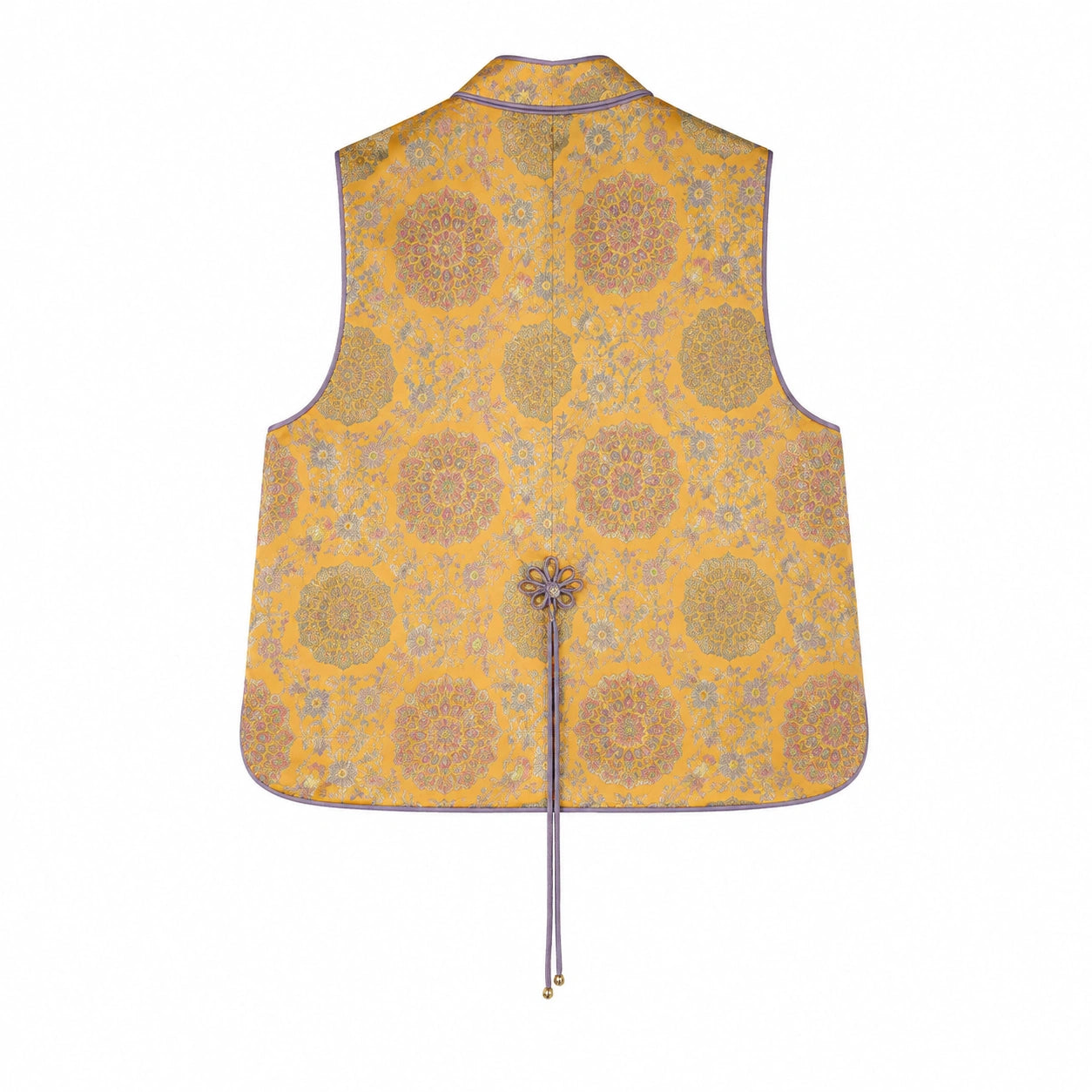 Back view of the Gambiered Silk golden floral brocade vest with lavender piping, center slit and decorative knot ties.