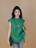 Front view of a relaxed emerald green Chinese-inspired silk top