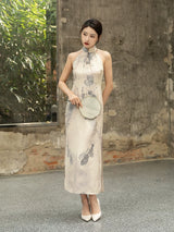 Front view of an ivory halter-neck silk cheongsam featuring an elegant ink-inspired print.