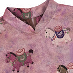 Close-up of the Mandarin collar, lustrous jacquard texture and multicolored horse motifs