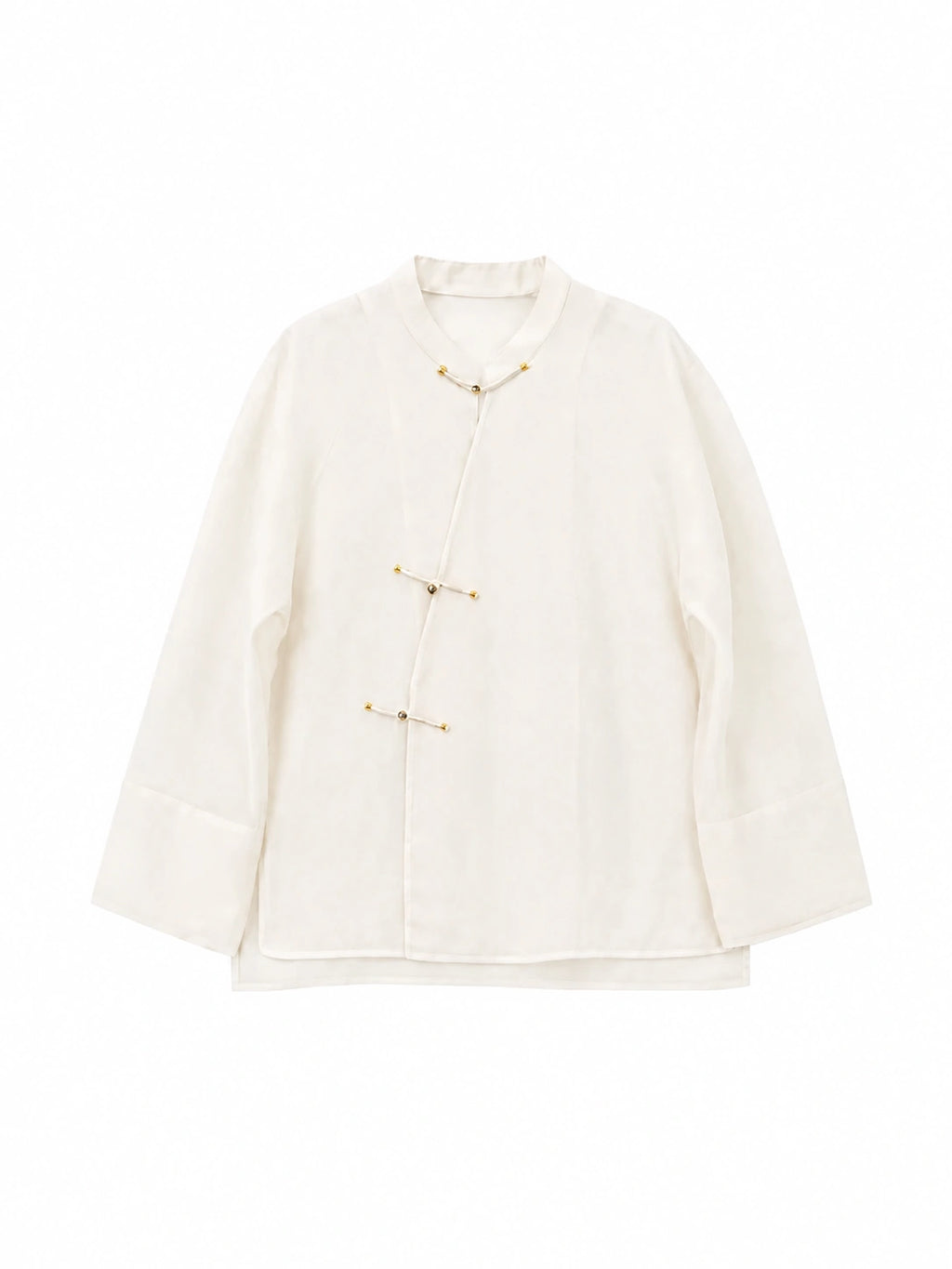Ivory Chinese-inspired silk organza shirt with mandarin collar and decorative frog closures