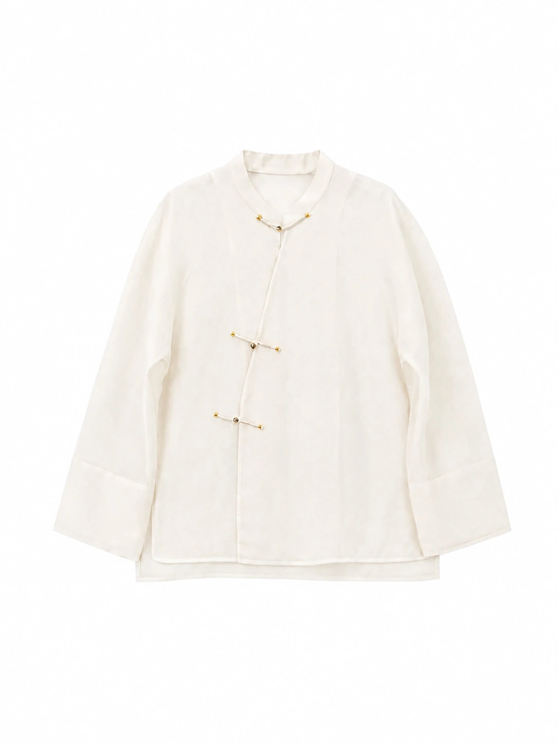 Ivory Chinese-inspired silk organza shirt with mandarin collar and decorative frog closures