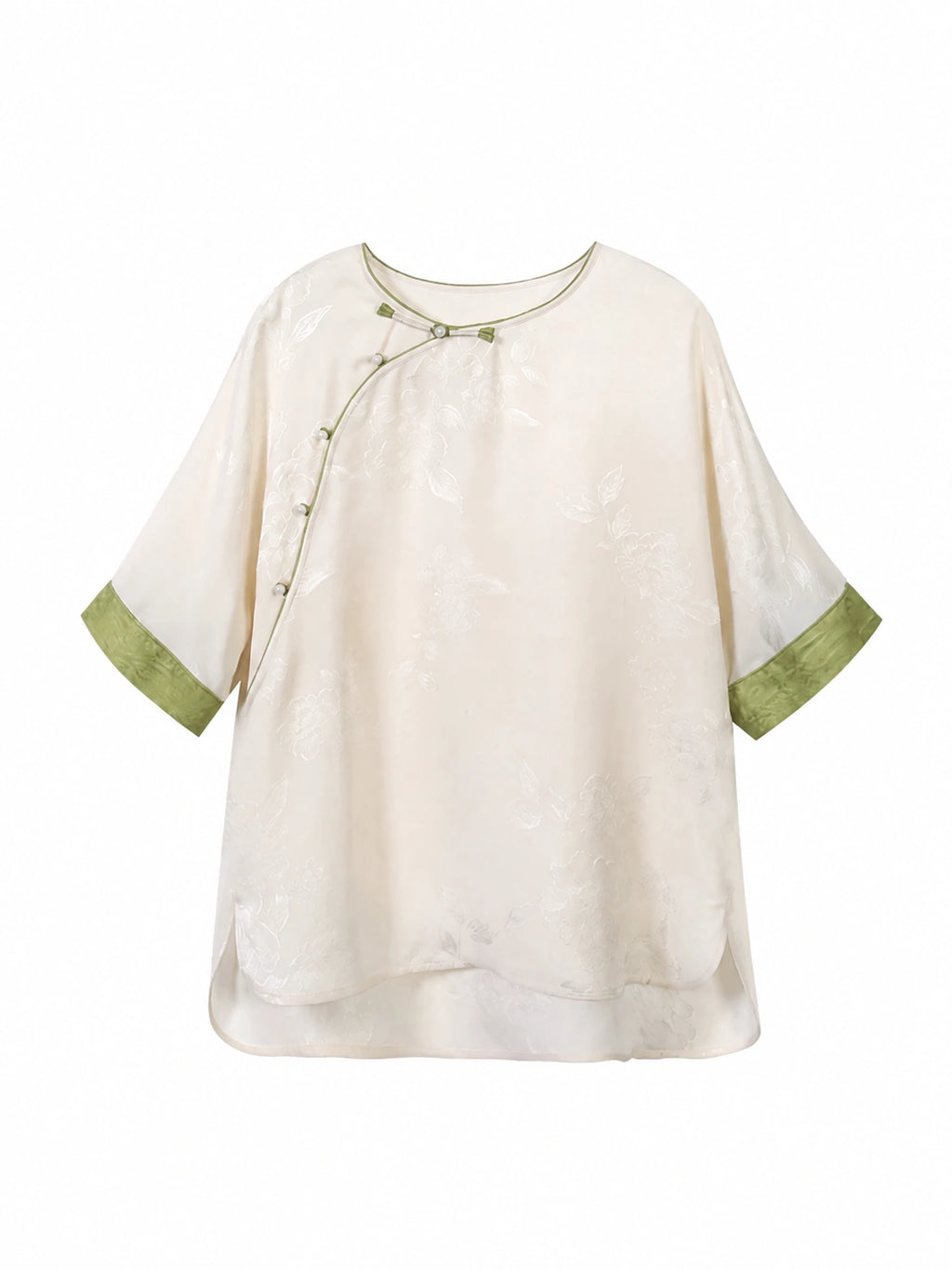 Front view of an ivory silk top with an asymmetrical Chinese-style closure