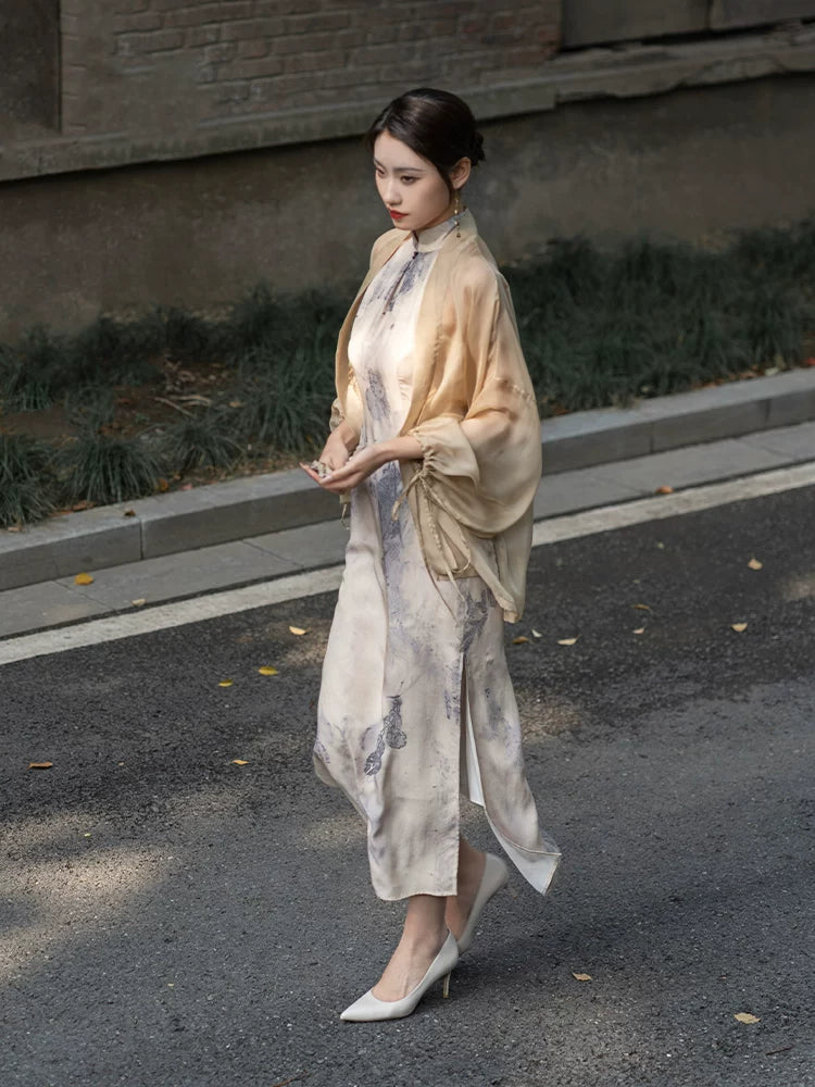 Street style look featuring an ivory silk cheongsam and matching lightweight silk shawl.