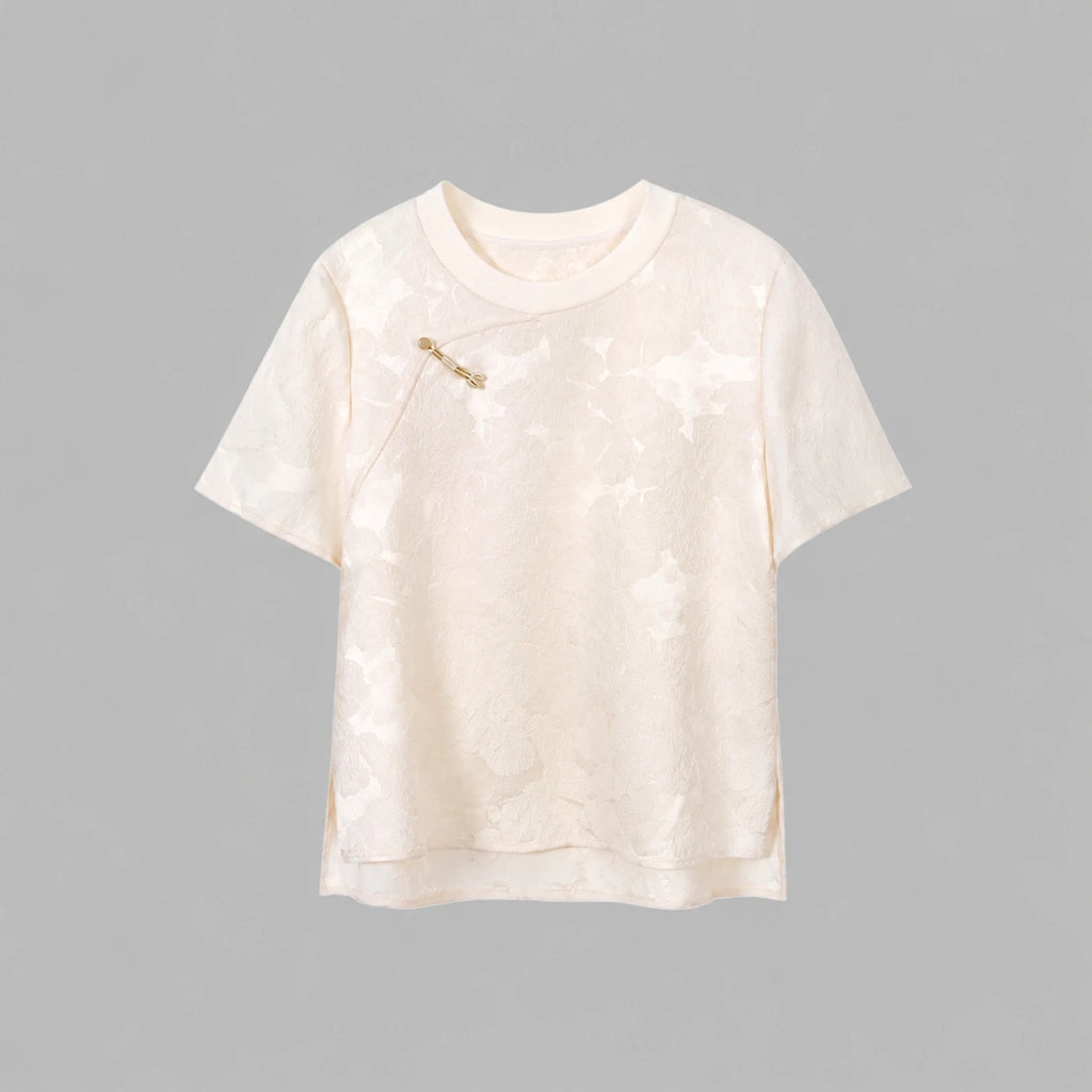 Front view of an ivory Chinese-inspired mulberry silk top with a relaxed fit