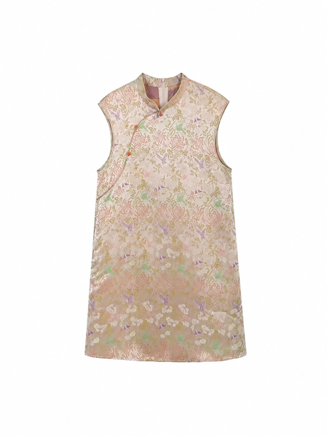 Front product view of a lightweight ivory sleeveless dress with an asymmetric neckline and frog closures.