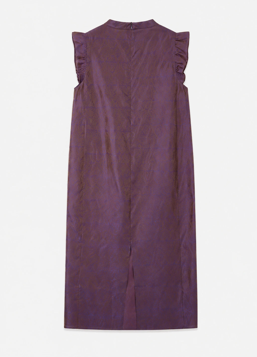 Back view of the iridescent silk jacquard dress showing flutter sleeves, a concealed zipper and center slit.
