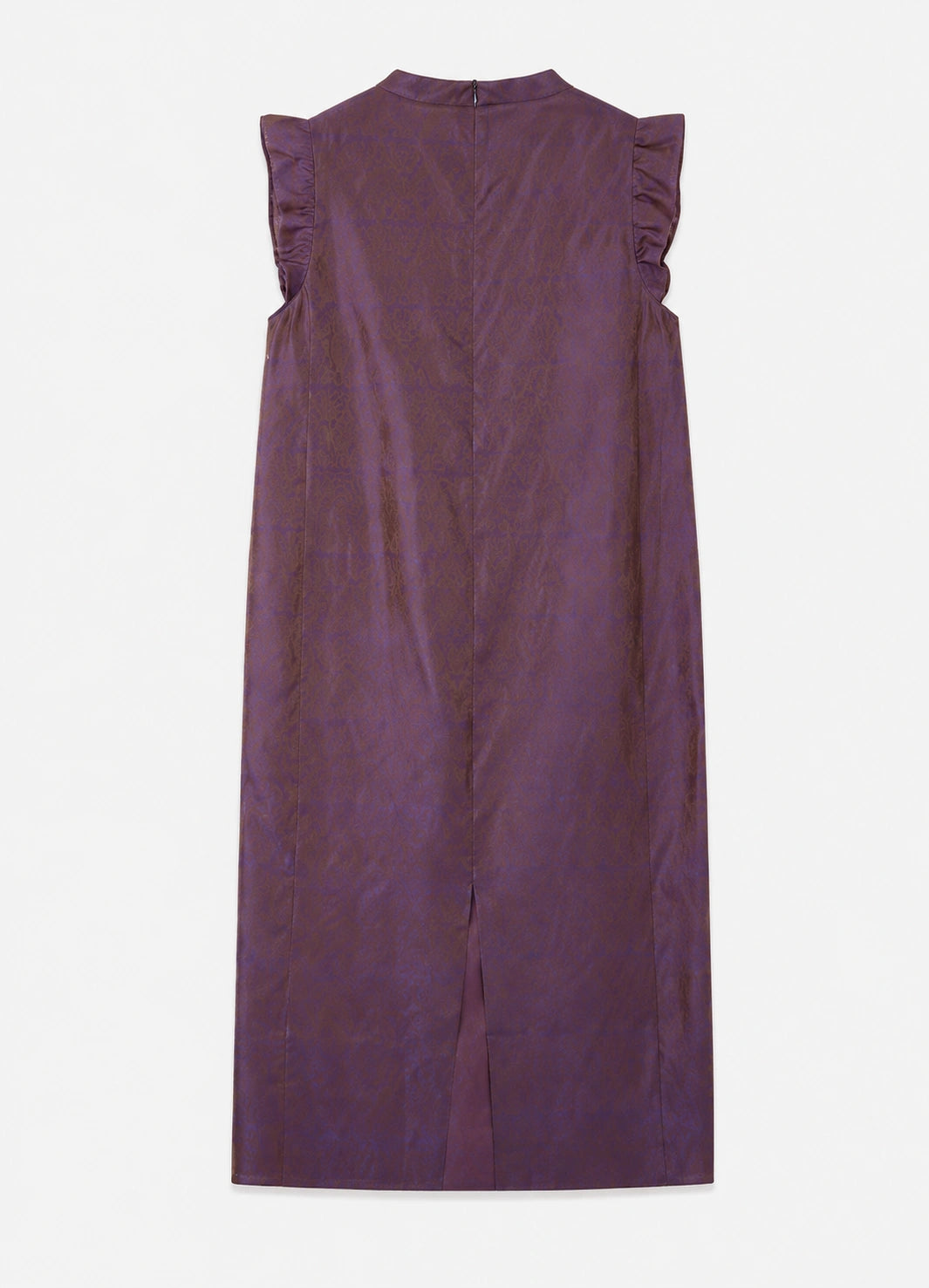 Back view of the iridescent silk jacquard dress showing flutter sleeves, a concealed zipper and center slit.