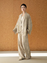 Side view of women's relaxed jacquard viscose outfit